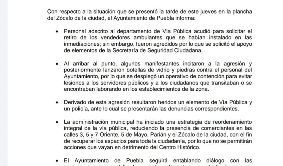 El Ayuntamiento de Puebla no permitirá acciones que vulneren el reordenamiento del CH