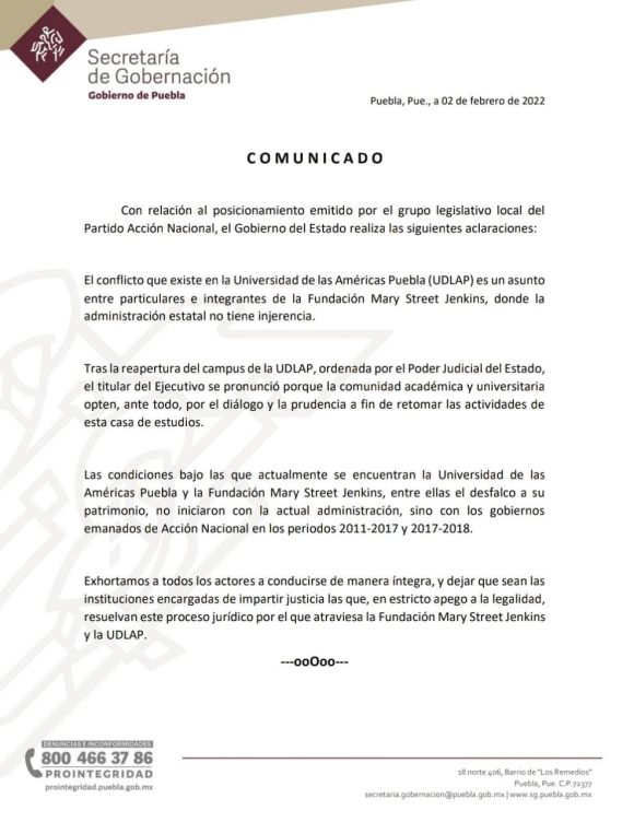Conflicto UDLAP es entre particulares, gobierno no tiene injerencia