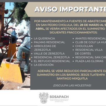 SOSAPACH dará mantenimiento a fuentes de abastecimiento de agua potable