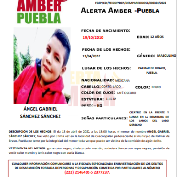 Activa Fiscalía Puebla  Alerta Amber para ubicar a menor de 12 años