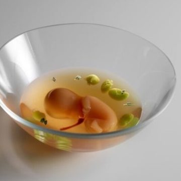 Un plato que simula un feto flotando en líquido amniótico