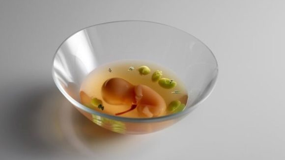 Un plato que simula un feto flotando en líquido amniótico