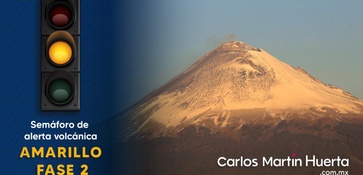 (VIDEO) Popocatépetl en amarillo fase dos tras exhalaciones y columna de 800 metros de altura