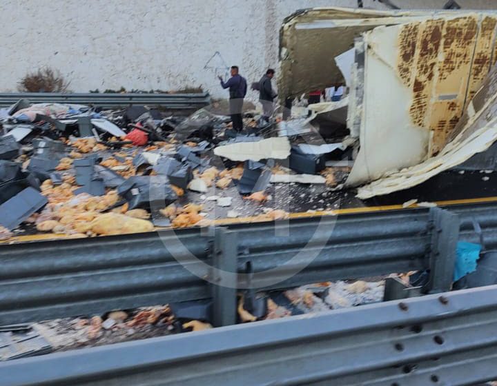 Rapiñan 20 toneladas de pollo de tráiler volcado en la Puebla-Orizaba