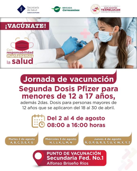 d5529e2a-74ed-4ec5-847c-aece5372d80b Aplicarán segundas dosis a menores de 12 a 17 años en Texmelucan