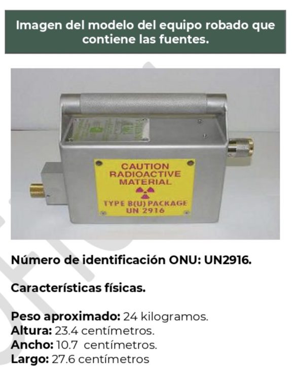Alertan por robo de fuente radioactiva, altamente peligrosa en Edomex