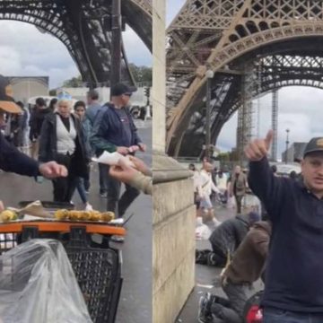 Venden elotes frente a la Torre Eiffel