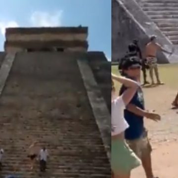 Turista sube a pirámide de Chichén Itzá; es golpeado por otro visitante