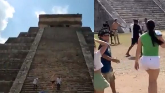 Turista sube a pirámide de Chichén Itzá; es golpeado por otro visitante