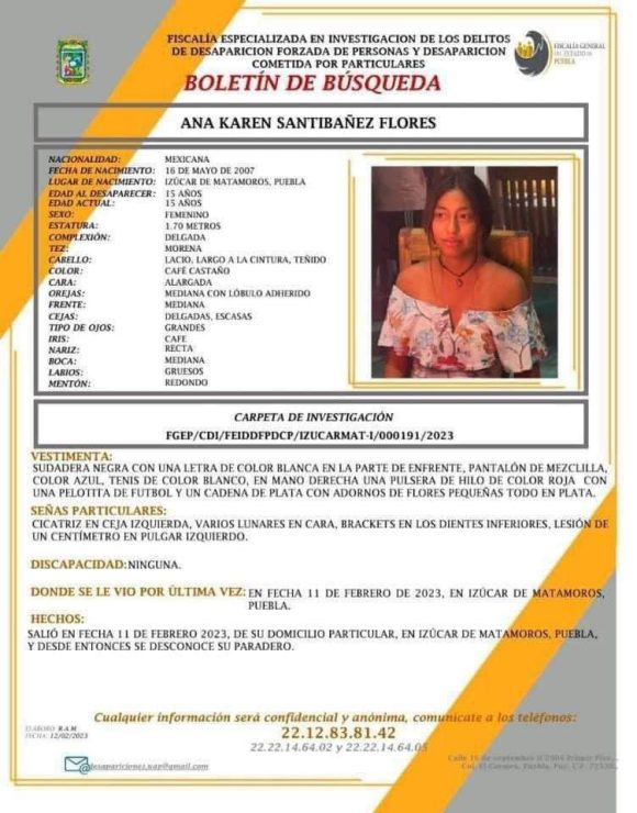 Piden ayuda para localizar a Ana Karen Santibañez de 15 años en Izúcar