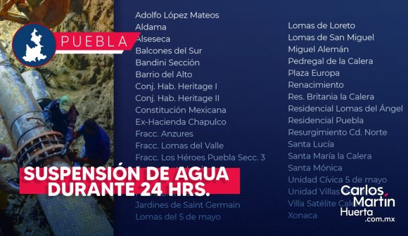 Supensión agua - 35 colonias Suministro de agua con suspensión en 35 colonias de Puebla