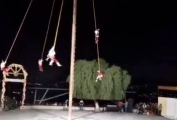 Voladores de Papantla chocan contra un árbol en celebración del “Huey Atlixcáyotl”