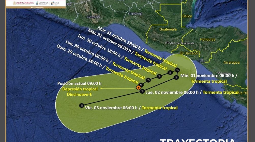 Depresión tropical 19-E avanza y provocará lluvias intensas en Chiapas y Oaxaca