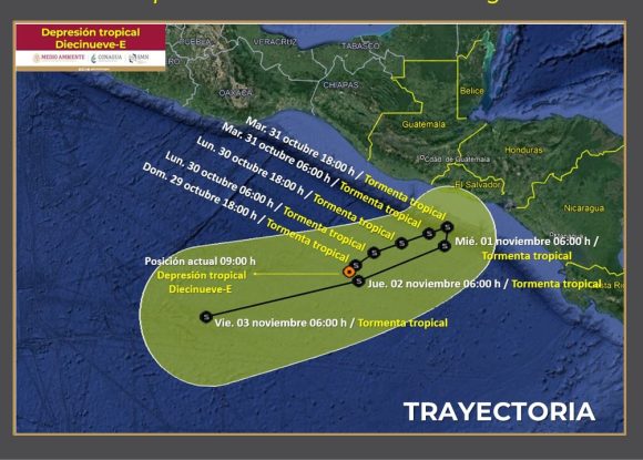 Depresión tropical 19-E avanza y provocará lluvias intensas en Chiapas y Oaxaca