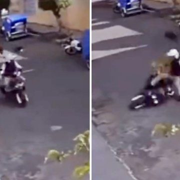 Se lanza perrito de una azotea y derriba a un motociclista