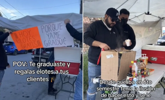 Joven graduado comparte su alegría regalando esquites