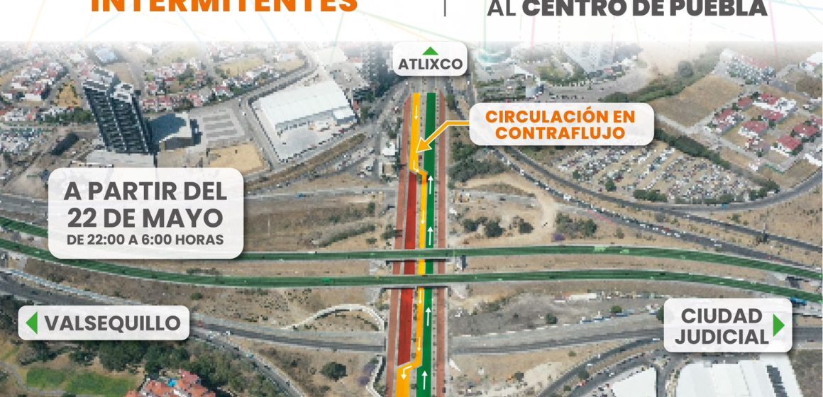 Se llevarán a cabo trabajos nocturnos intermitentes sobre carriles centrales en Vía Atlixcáyotl   