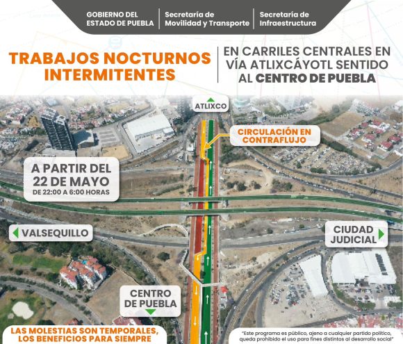Se llevarán a cabo trabajos nocturnos intermitentes sobre carriles centrales en Vía Atlixcáyotl   