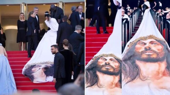 La actriz Massiel Taveras luce vestido con un retrato de Cristo; causa polémica en Cannes