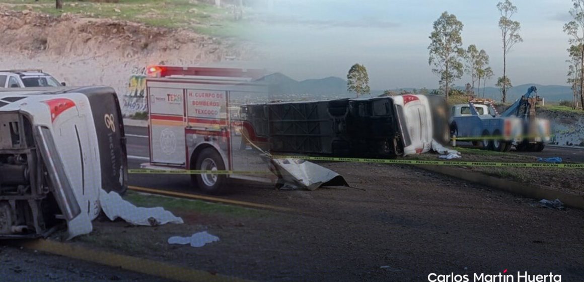 Vuelca autobús en Texcoco, reportan un poblano muerto y 12 heridos