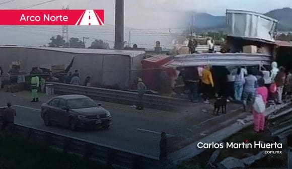 Volcadura - rapiña - Arco Norte Vuelca tráiler con electrodomésticos y se desata rapiña en el Arco Norte