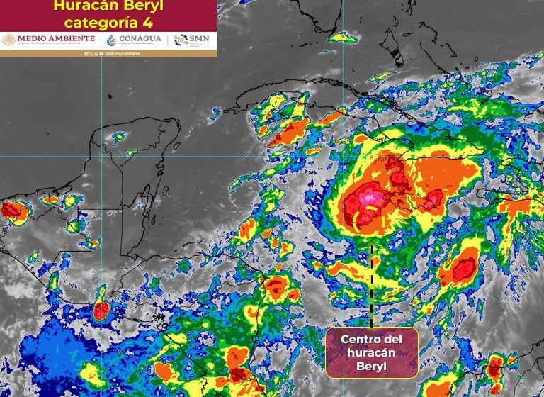 Huracán “Beryl” de categoría 4 mantiene su trayectoria hacia la Península de Yucatán  
