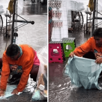 Hombre lava su ropa con agua de lluvia en calles de CDMX