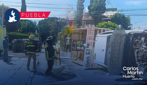 Ruta Angelópolis choca y voltea camión repartidor de Gas LP en la 11 Sur