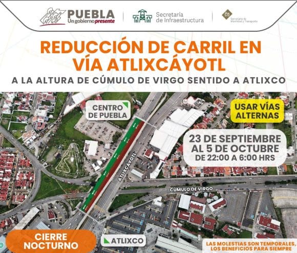 Habrá reducción de carriles en la Vía Atlixcáyotl; aquí los detalles