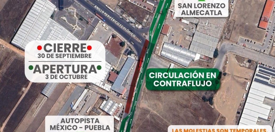 Habrá reducción de carriles entre Periférico y Calle 7 de Enero sentido a San Lorenzo Almecatla