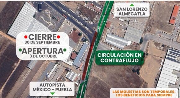 Habrá reducción de carriles entre Periférico y Calle 7 de Enero sentido a San Lorenzo Almecatla
