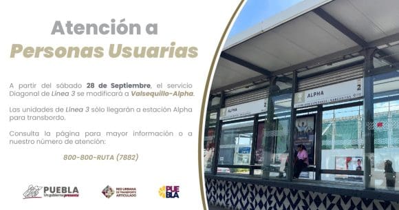 ¡Atención! Línea 3 de RUTA, cambia recorrido Valsequillo-Diagonal