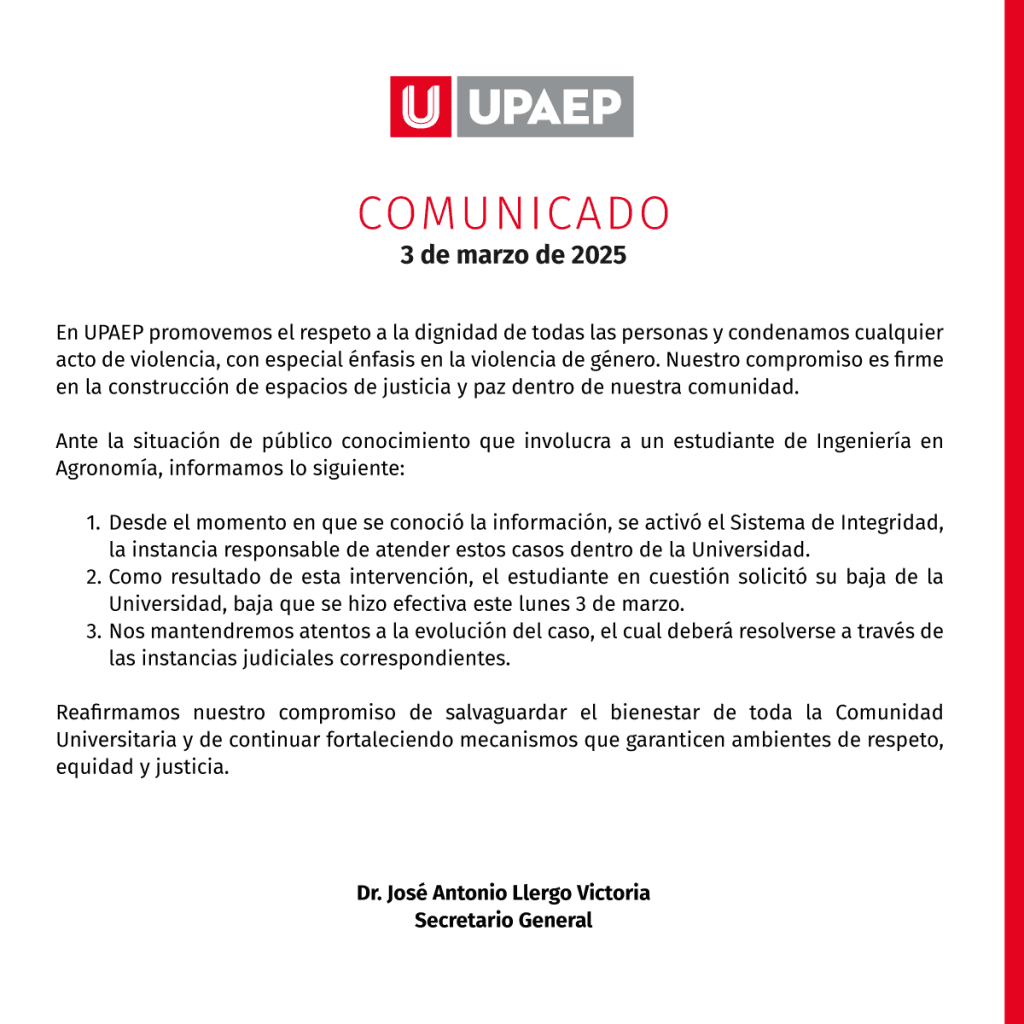 Comunicado UPAEP agresor Alan