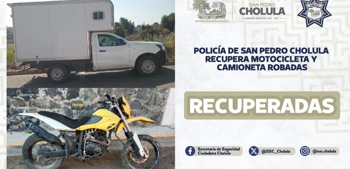 Policía de San Pedro Cholula recupera motocicleta y camioneta robadas