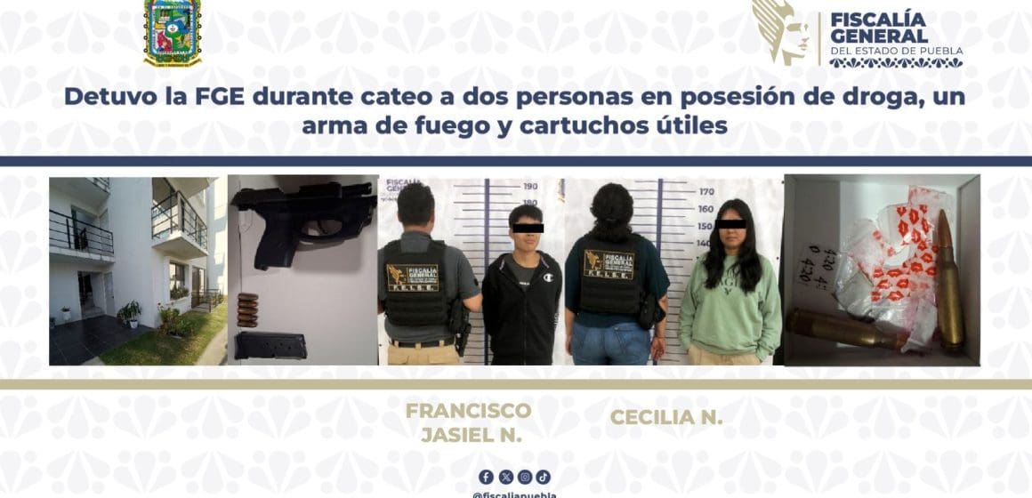 Detienen a dos personas en Puebla por posesión de droga y arma de fuego
