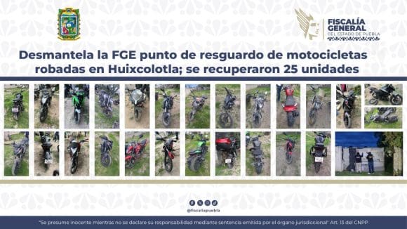 FGE desmantela punto de resguardo de motocicletas robadas en Huixcolotla; recuperan 25 unidades