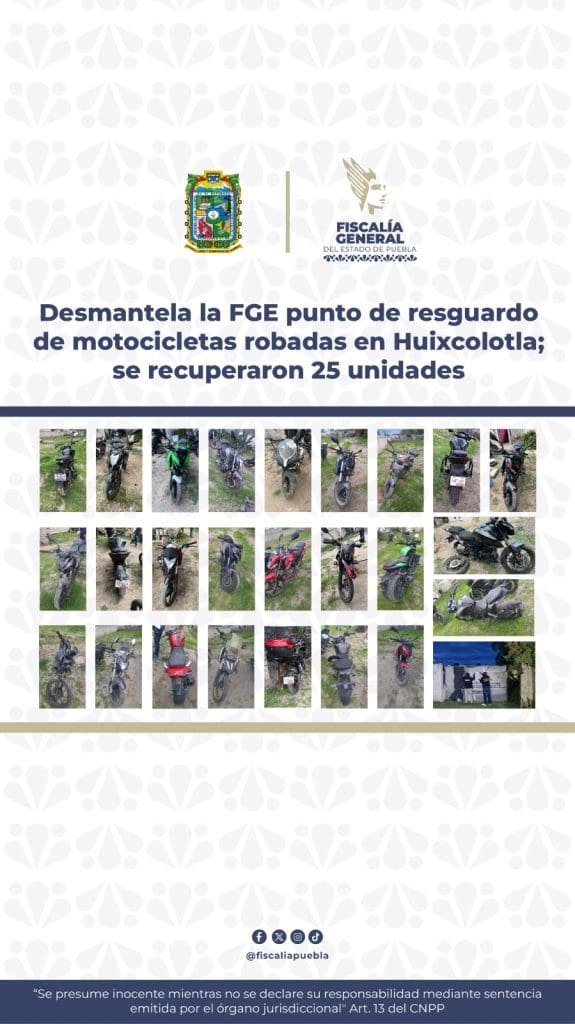 FGE desmantela punto de resguardo de motocicletas robadas en Huixcolotla; recuperan 25 unidades 1 6e7c4735 3a73 4b0d 83d1 5d597e1bb250