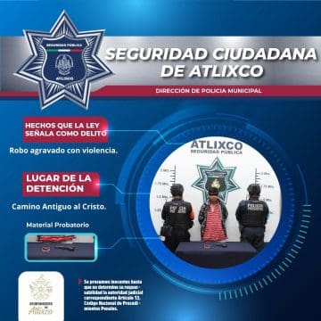 Detención de presunto asaltante en Atlixco tras robo con arma de fuego