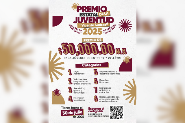 Abren convocatoria en Puebla para el Premio Estatal de la Juventud Vicente Suárez 2025 