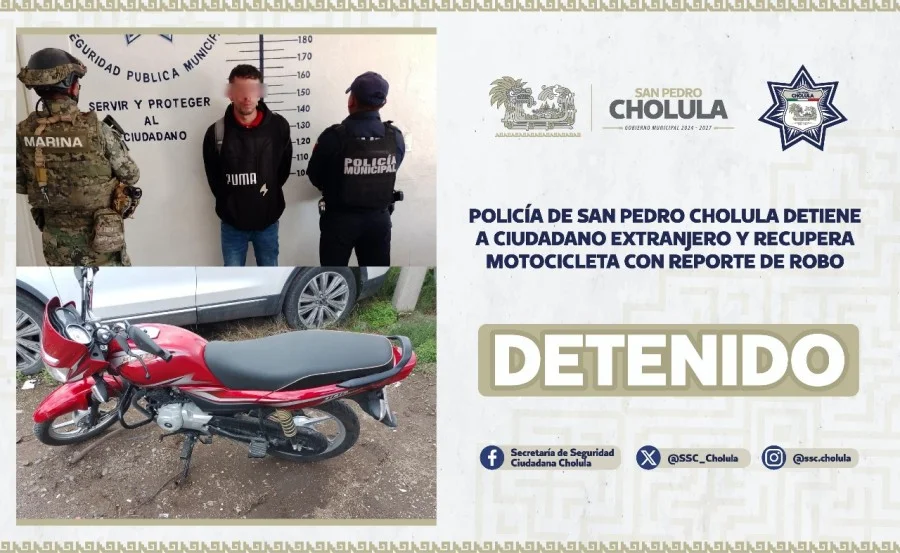 Detienen a extranjero en San Pedro Cholula y recuperan motocicleta robada 1 Detienen a extranjero en San Pedro Cholula y recuperan motocicleta robada