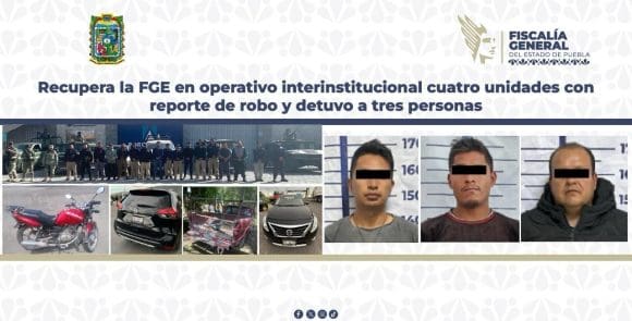 Recupera la FGE en operativo interinstitucional cuatro unidades con reporte de robo y detuvo a tres personas