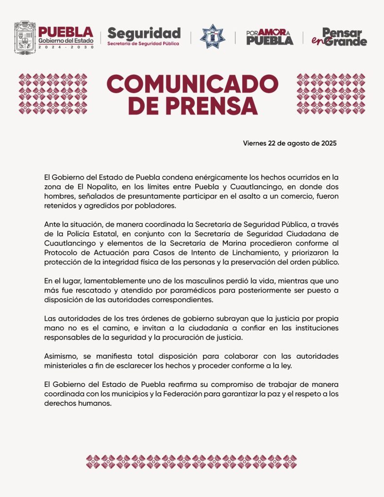 Linchamiento en El Nopalito, Cuautlancingo: Un presunto asaltante fallece y otro resulta herido 2 comunicado