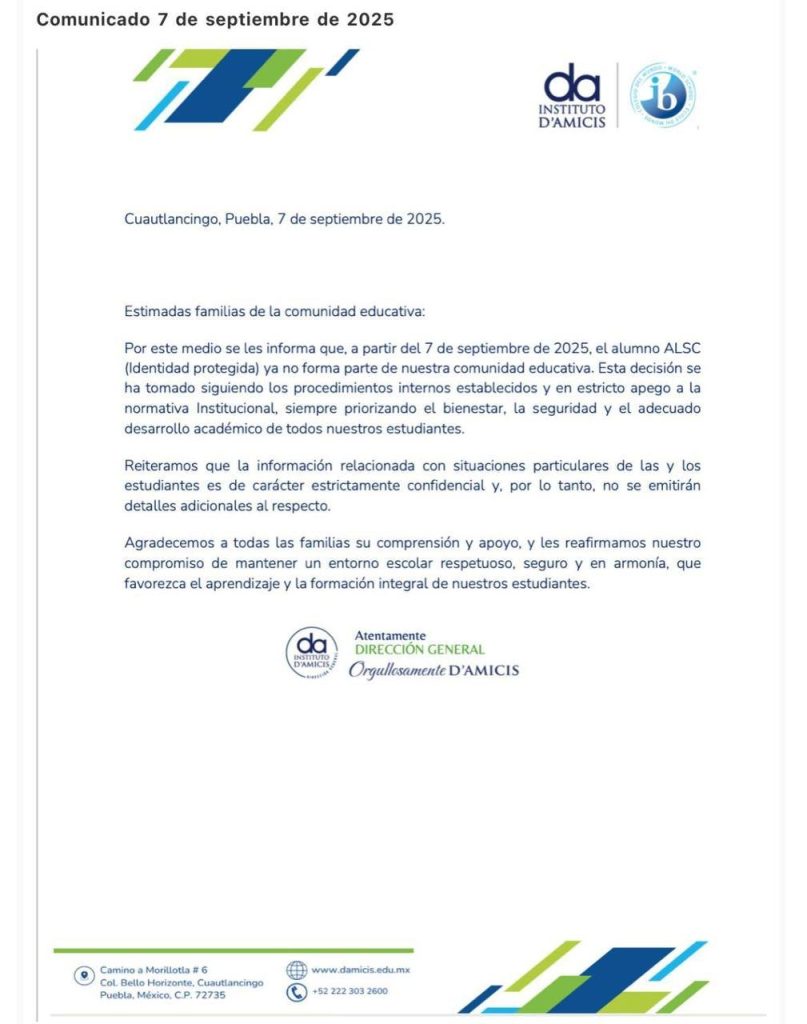 Instituto D’Amicis informa: el alumno ALSC, ya no forma parte de su comunidad educativa 1 BOLETIN