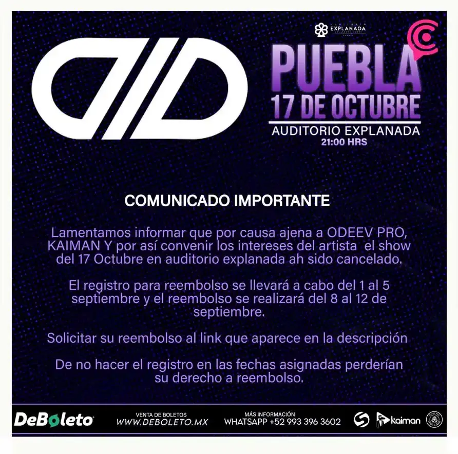 DLD cancela concierto en Puebla; anuncian reembolso 1 DLD cancela concierto en Puebla; anuncian reembolso