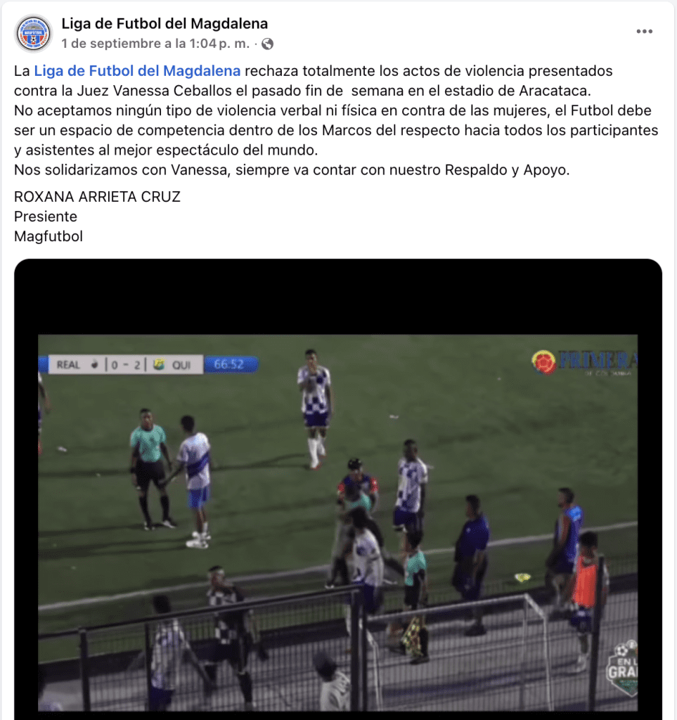 ¡Insólito! Futbolista colombiano agrede a árbitra Vanessa Ceballos tras ser expulsado del partido 1 ¡Insólito! Futbolista colombiano agrede a árbitra Vanessa Ceballos tras ser expulsado del partido