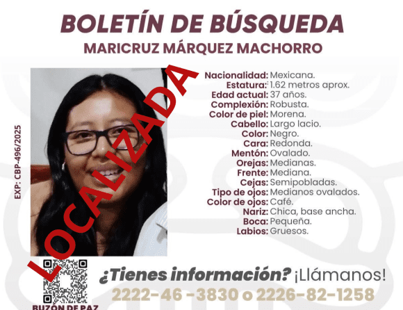 Localizan a Maricruz N, tras presunto secuestro en el municipio de Los Reyes de Juárez