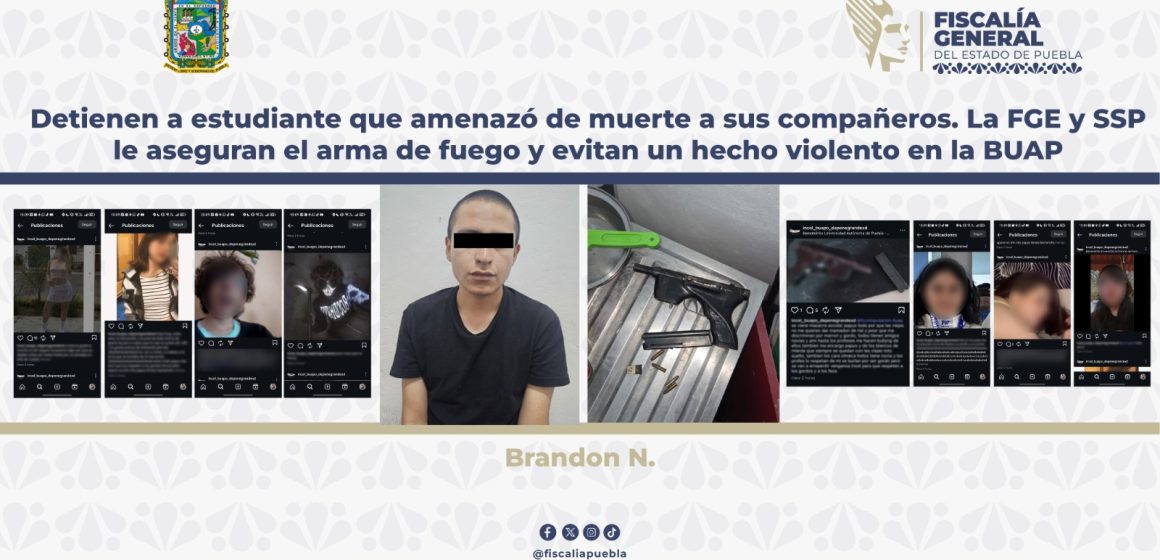 Detienen a estudiante que amenazó a compañeros en la BUAP; FGE y SSP aseguran arma de fuego