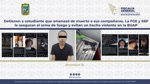 Detienen a estudiante que amenazó a compañeros en la BUAP; FGE y SSP aseguran arma de fuego