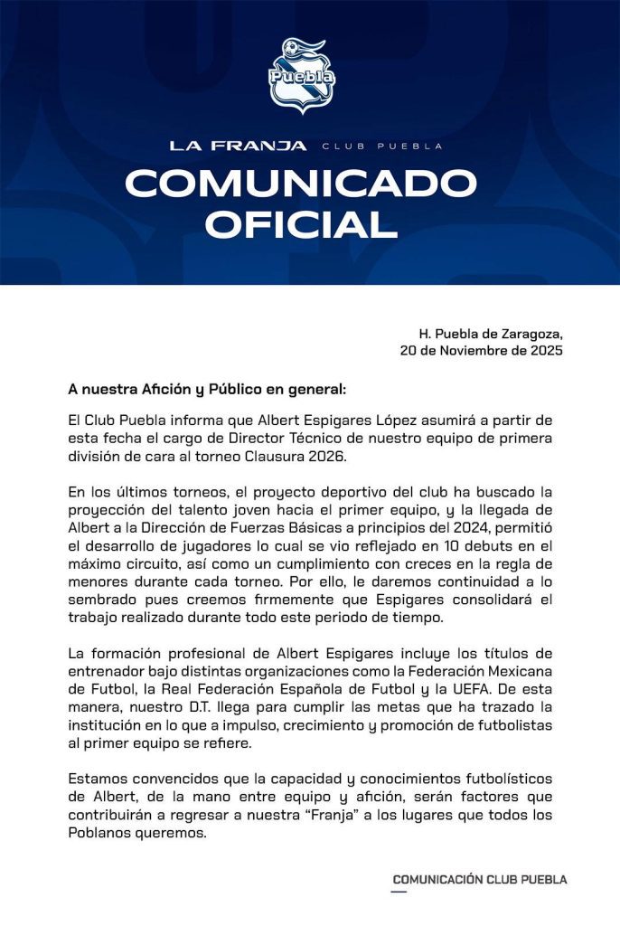 Albert Espigares es el nuevo Director Tecnico del Club Puebla 2