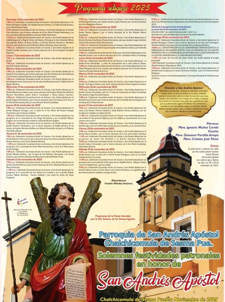 Habrá Fiesta Patronal en Chalchicomula en honor a San Andrés Apóstol